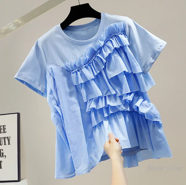 Modes Nelegālo Ruffles Līmēšana Īsām Piedurknēm T-krekls Sievietēm Vasarā Jaunu Gadījuma Zaudēt Visas-Atbilstošas Top Dāmu Tee tīrtoņa Krāsu Attēls 1