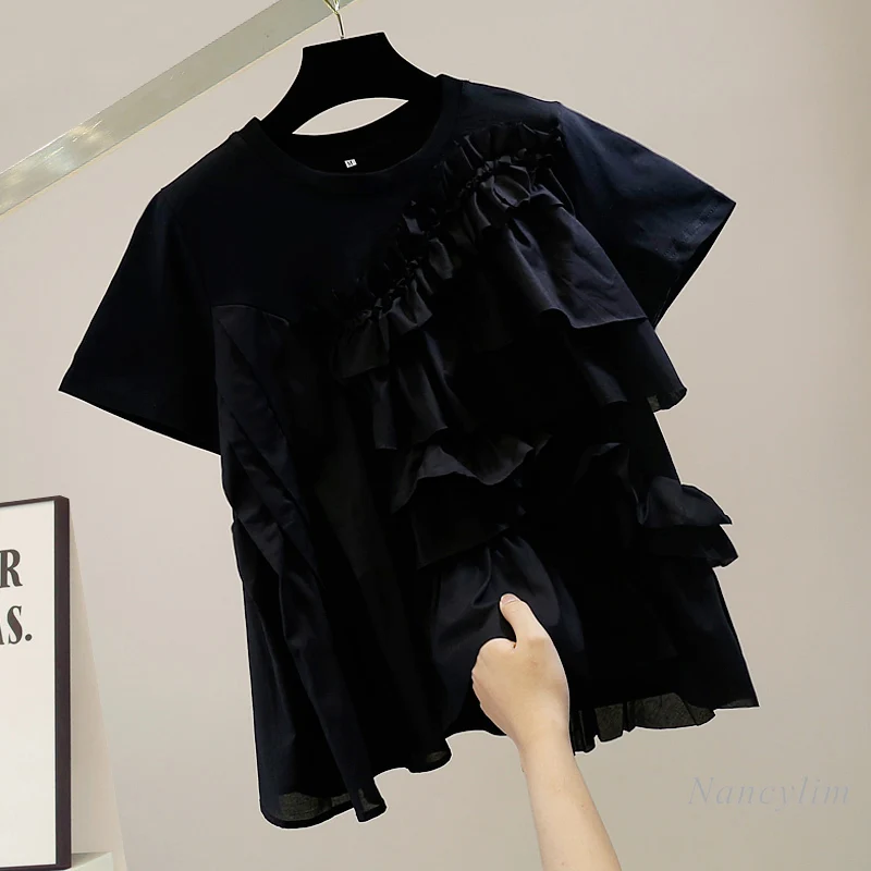 Modes Nelegālo Ruffles Līmēšana Īsām Piedurknēm T-krekls Sievietēm Vasarā Jaunu Gadījuma Zaudēt Visas-Atbilstošas Top Dāmu Tee tīrtoņa Krāsu Attēls 3
