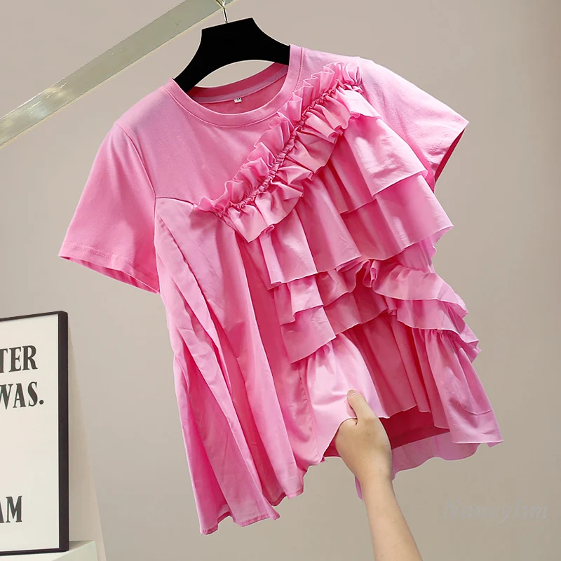 Modes Nelegālo Ruffles Līmēšana Īsām Piedurknēm T-krekls Sievietēm Vasarā Jaunu Gadījuma Zaudēt Visas-Atbilstošas Top Dāmu Tee tīrtoņa Krāsu Attēls 4