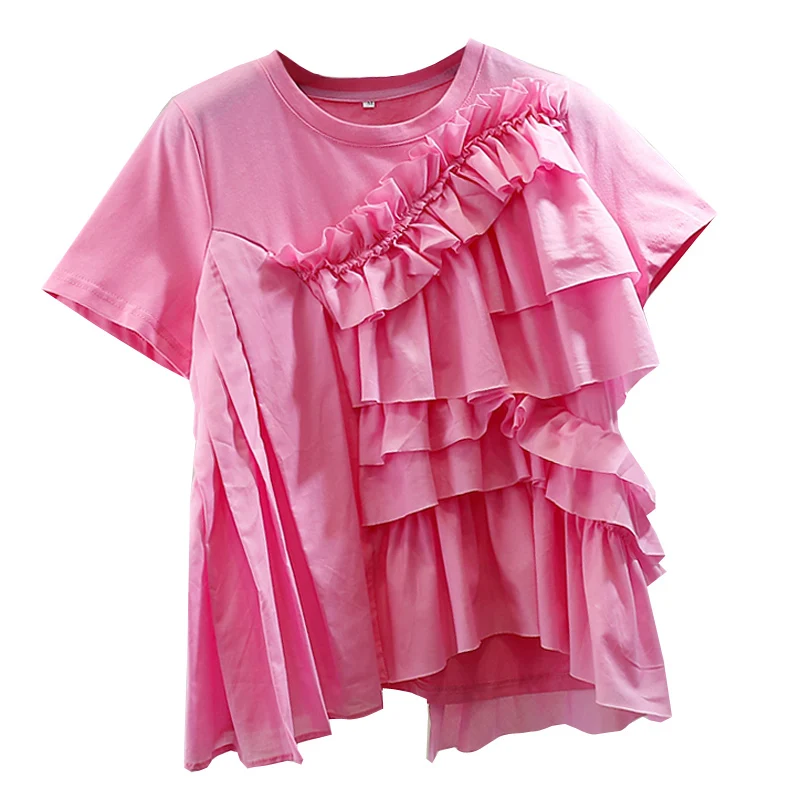 Modes Nelegālo Ruffles Līmēšana Īsām Piedurknēm T-krekls Sievietēm Vasarā Jaunu Gadījuma Zaudēt Visas-Atbilstošas Top Dāmu Tee tīrtoņa Krāsu Attēls 5