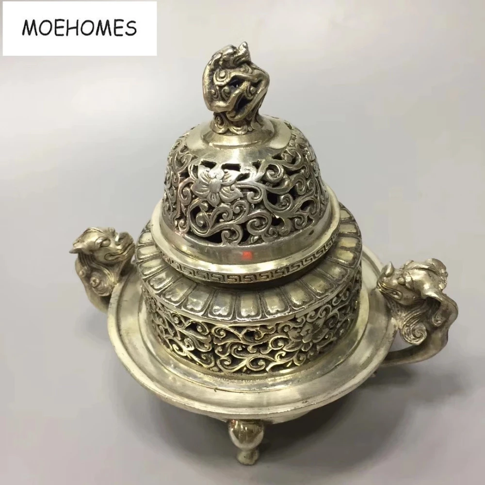 MOEHOMES Ķīnas vecas antīkas sudraba dargon Dubultā slāņa, tukšums, statujas, vīraks degļu mājas apdare, metāla amatniecība Attēls 3