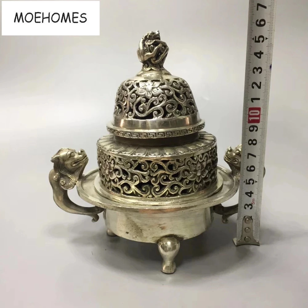 MOEHOMES Ķīnas vecas antīkas sudraba dargon Dubultā slāņa, tukšums, statujas, vīraks degļu mājas apdare, metāla amatniecība Attēls 4