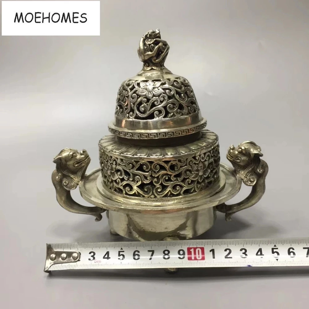 MOEHOMES Ķīnas vecas antīkas sudraba dargon Dubultā slāņa, tukšums, statujas, vīraks degļu mājas apdare, metāla amatniecība Attēls 5