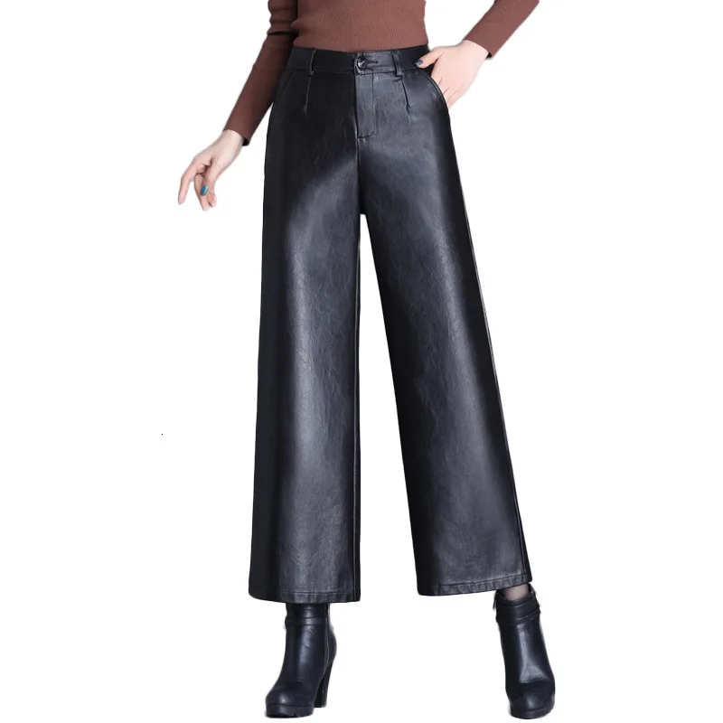 Mākslīgās PU Ādas Plaša Kāju Bikses 2020. Gadam Rudenī, Ziemā Silts Streetwear Augsta Vidukļa Biroja Dāmas Bikses Plus Lieluma pantalon femme Attēls 1