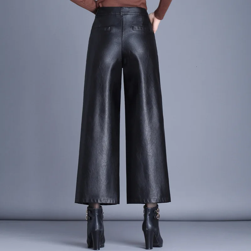 Mākslīgās PU Ādas Plaša Kāju Bikses 2020. Gadam Rudenī, Ziemā Silts Streetwear Augsta Vidukļa Biroja Dāmas Bikses Plus Lieluma pantalon femme Attēls 2