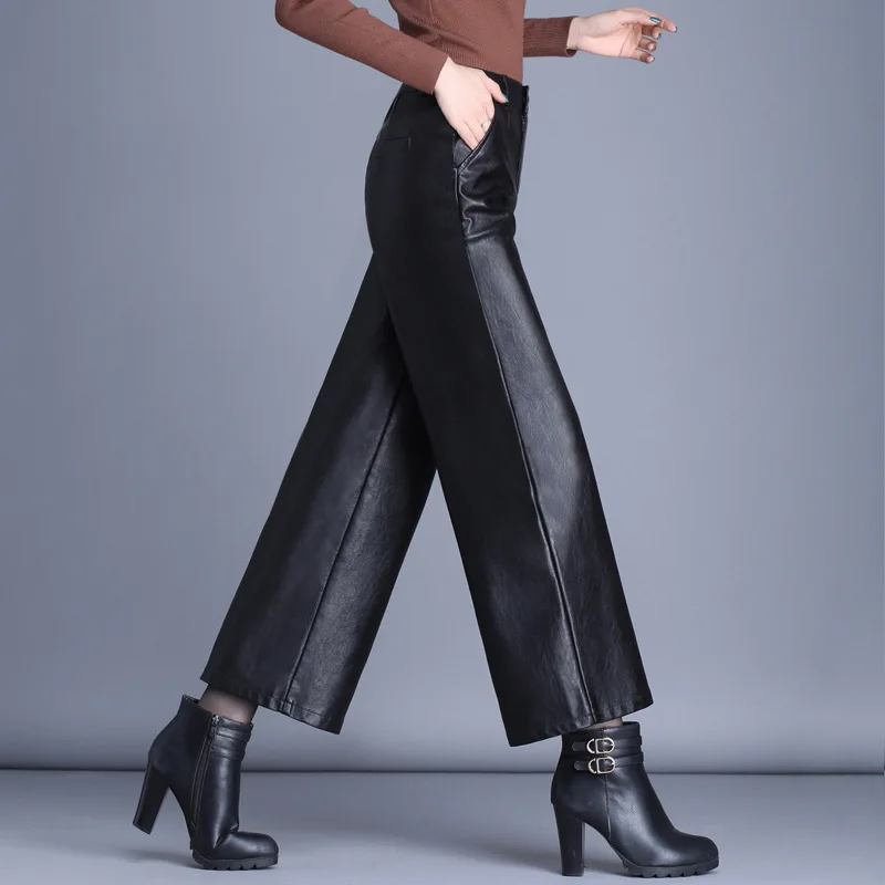 Mākslīgās PU Ādas Plaša Kāju Bikses 2020. Gadam Rudenī, Ziemā Silts Streetwear Augsta Vidukļa Biroja Dāmas Bikses Plus Lieluma pantalon femme Attēls 3