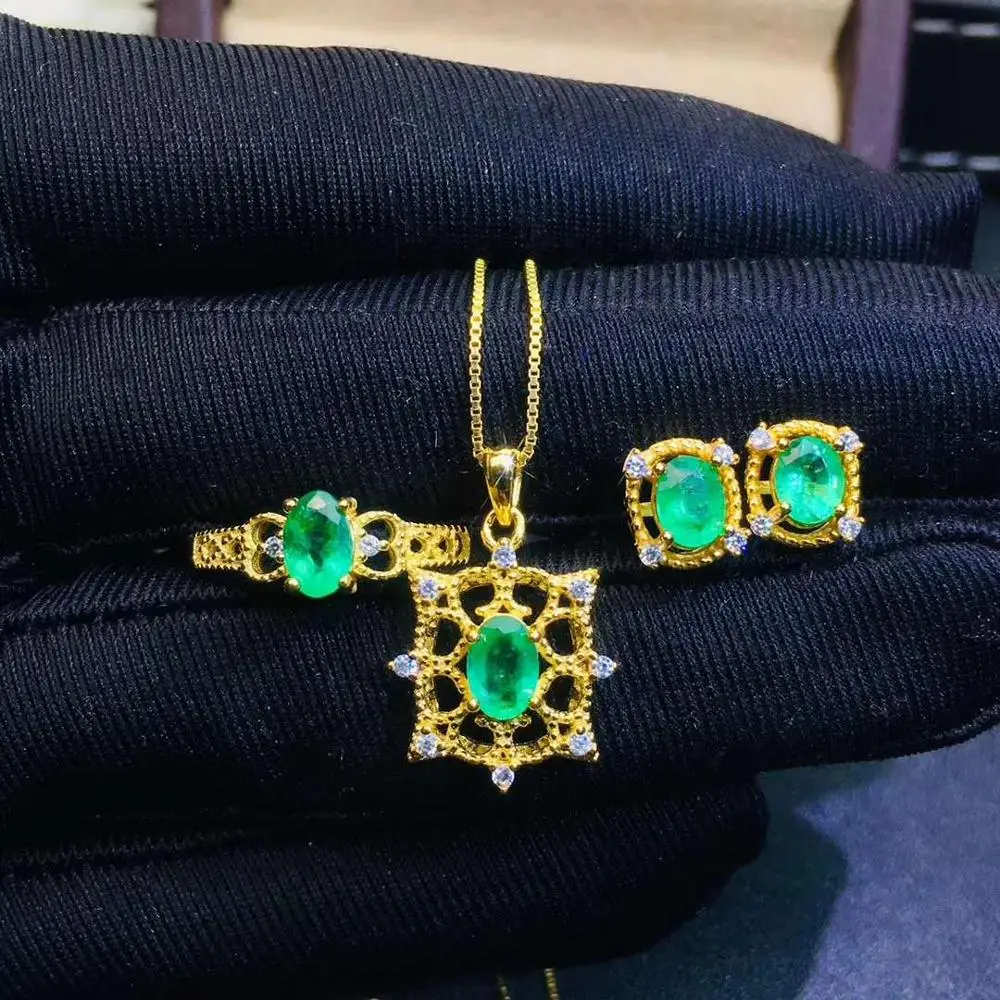 Nekustamā Dabas Emerald rotaslietas uzstādīt Dabas Nekustamā Emerald 925 sterling sudraba 1pc kulons,1pc gredzenu,2gab Auskars Attēls 2