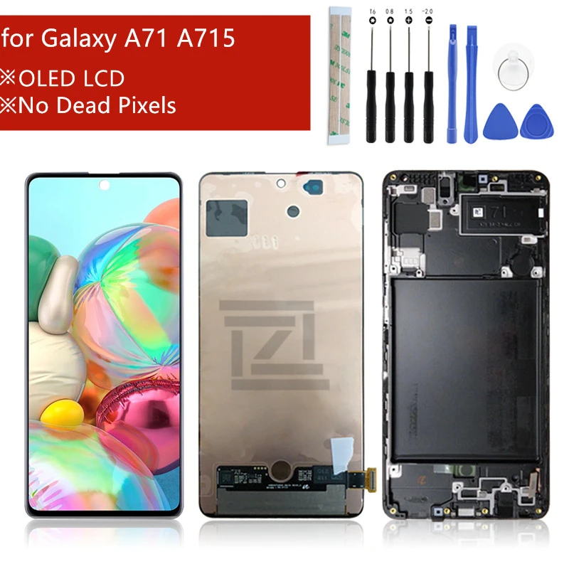 OLED, Samsung Galaxy A71 A715 LCD Displejs, Touch Screen Digitizer Montāža Ar Rāmi a715f Ekrāna Rezerves daļas, Remonts Attēls 4