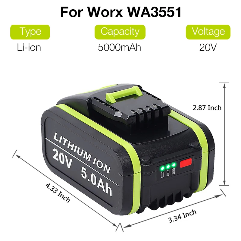 Par Worx 20V Li-Ion 5.0 Ah 6.0 Ah Saderīgs ar WA3551 WX523 WX390 WA3553 WA3641 WG546E WU268 nomainītu Akumulatoru, elektroinstrumenti Attēls 1