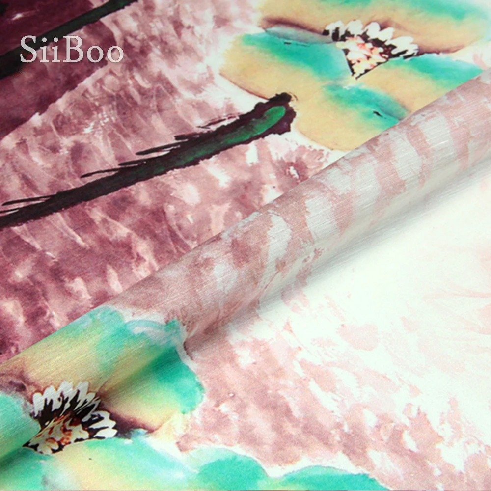 Pastorālā lotosa ziedu pozicionēšana drukāt veļa zīda auduma apģērbs kleita dabīgā zīda tissu stoffen tecidos 13.5 mm SP5116 Attēls 2