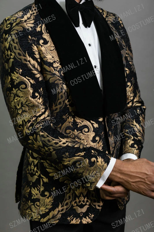 Pasūtījuma Slim Fit Melnā Zelta Ziedu 2 Gabals Vīriešu Žakete Uzvalks Labākais Cilvēks Kāzu Uzvalki Līgavainim Tuxedos Vīriešiem (Jaka+Bikses+Bow) Attēls 1