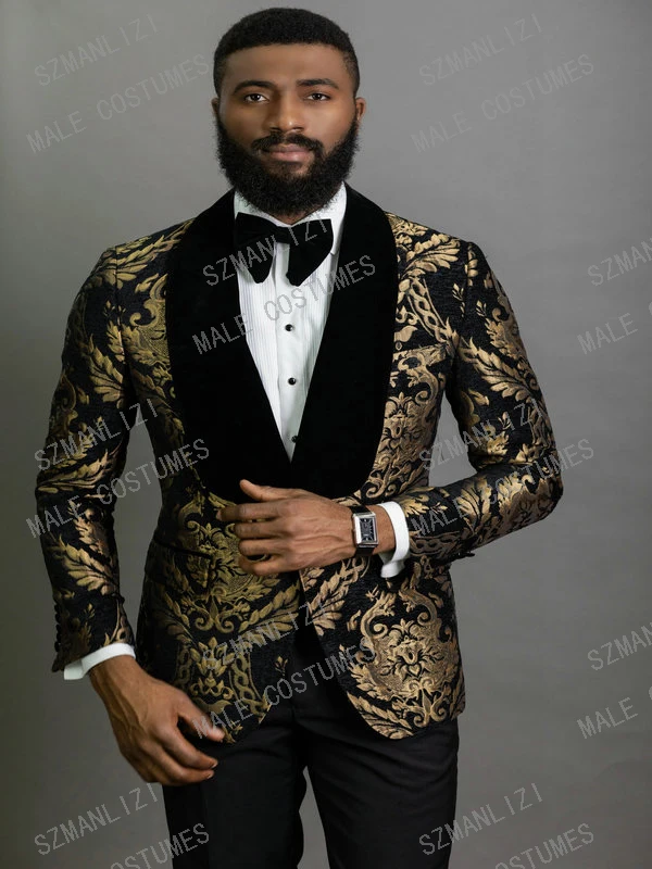 Pasūtījuma Slim Fit Melnā Zelta Ziedu 2 Gabals Vīriešu Žakete Uzvalks Labākais Cilvēks Kāzu Uzvalki Līgavainim Tuxedos Vīriešiem (Jaka+Bikses+Bow) Attēls 2