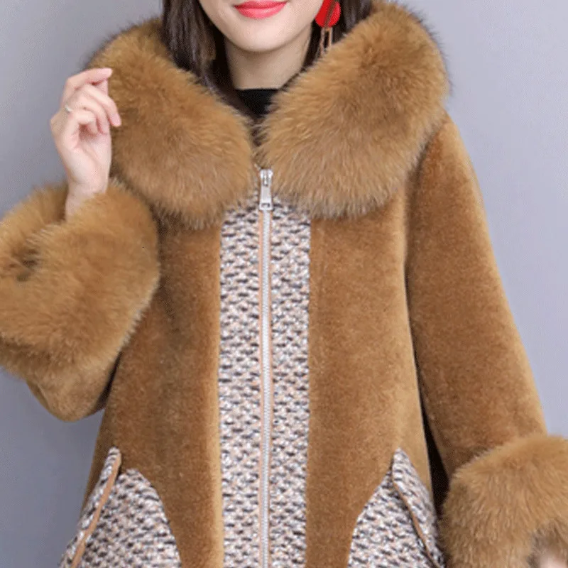 Plus Lieluma Mākslīgās Kažokādas Mētelis Ziemas Sievietes Raibs Kažokādas Ziemas Jaka Sievietēm Fox Kažokādas Apkakle Ilgi Korejas Bieza Modes Sieviešu Mēteļi 02 Attēls 4