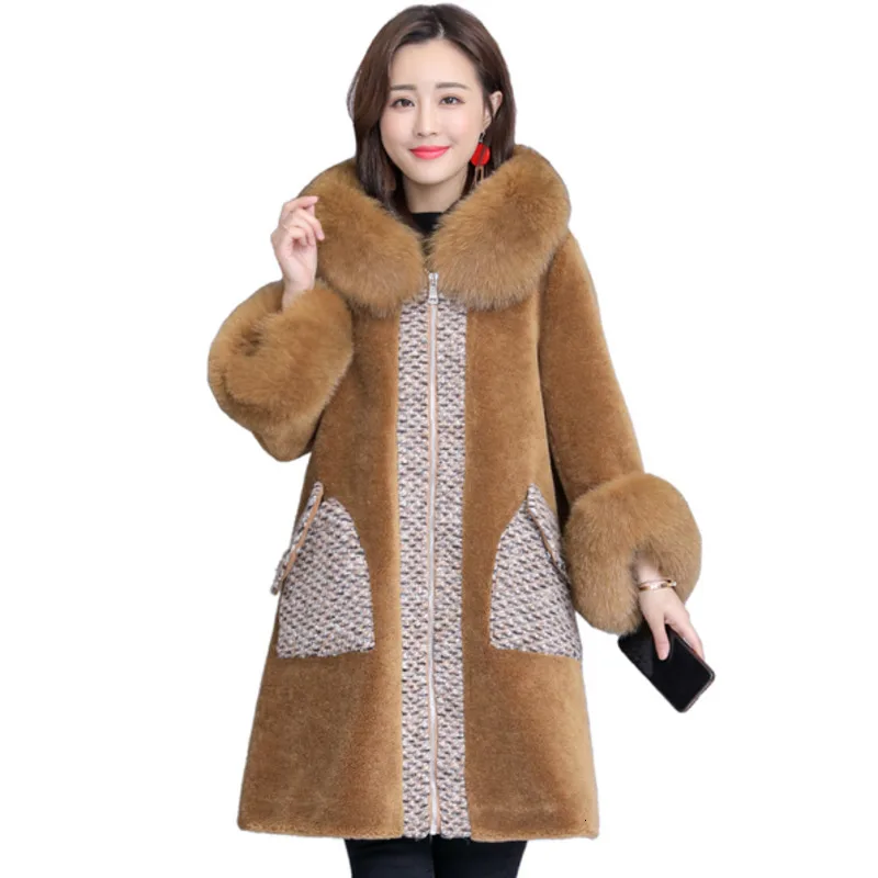 Plus Lieluma Mākslīgās Kažokādas Mētelis Ziemas Sievietes Raibs Kažokādas Ziemas Jaka Sievietēm Fox Kažokādas Apkakle Ilgi Korejas Bieza Modes Sieviešu Mēteļi 02 Attēls 5