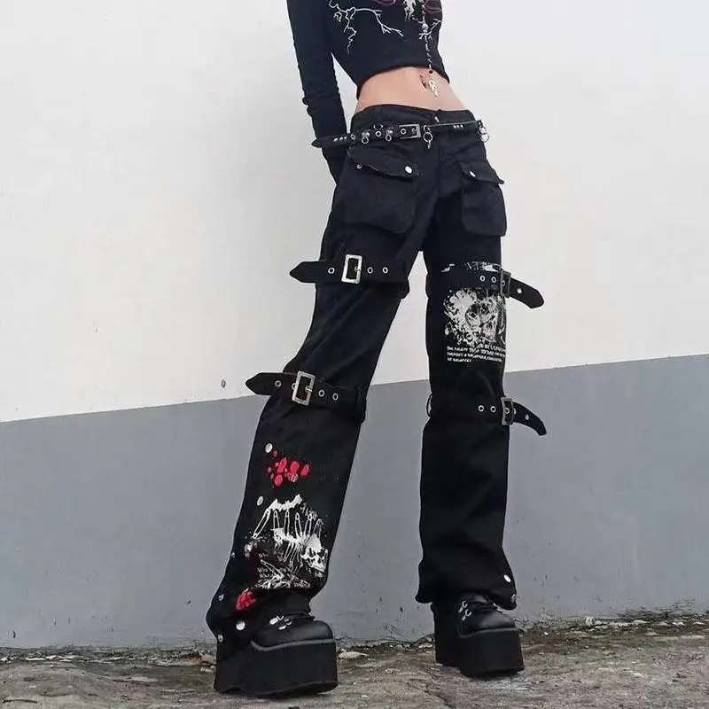 Punk Galvaskausa Drukāt Melnās Džinsa Bikses Y2K Harajuku Augsts Viduklis, Lielas Kabatas Bikses Goth Mall Grunge Kravas Bikses Techwear Attēls 1