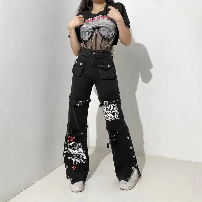 Punk Galvaskausa Drukāt Melnās Džinsa Bikses Y2K Harajuku Augsts Viduklis, Lielas Kabatas Bikses Goth Mall Grunge Kravas Bikses Techwear Attēls 5