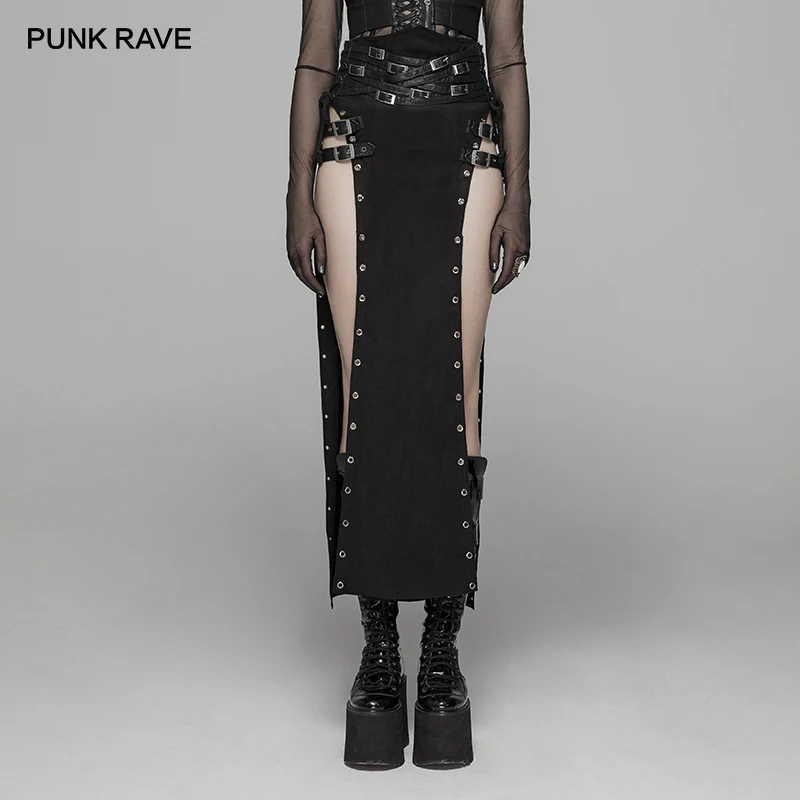 PUNK RAVE Sieviešu Gothic Sexy Black Svārki Punk Rock Copslay Skatuves Personības Hip Hop Streetwear Gara, Augsta Starām. Sadalīt Svārki Attēls 1