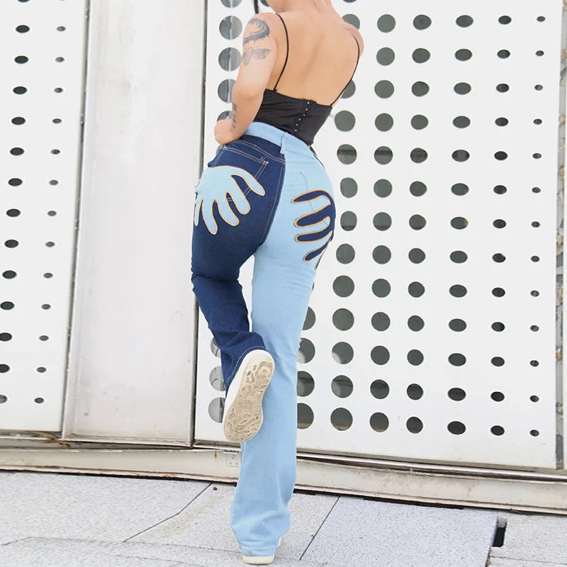 Rudens Dizainers Raibs Taisni Džinsi Sieviešu Vidū Vidukļa Modes Džinsa Gruntis, Streetwear Āra Hipster Elastīgās Bikses Attēls 4