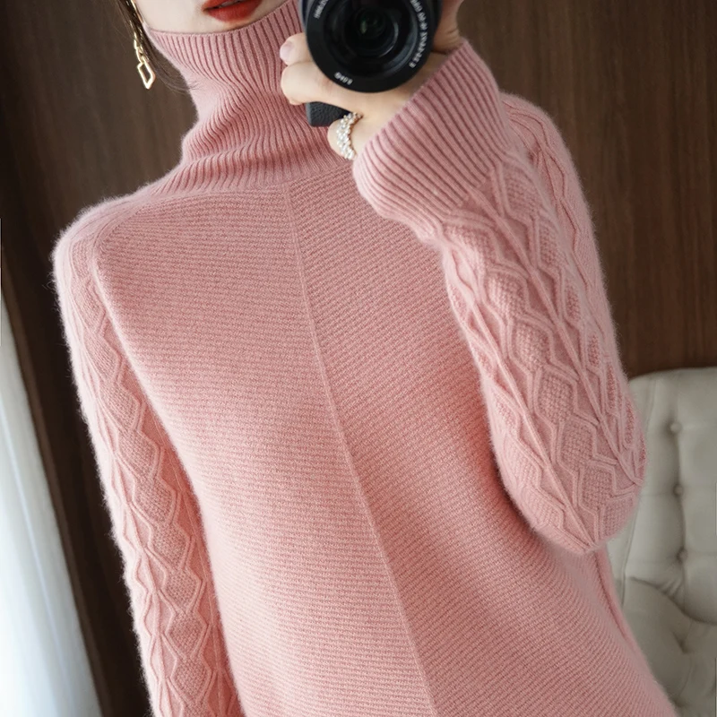 Rudens un ziemas tīra jaka sieviešu augsta kakla džemperis pāļu kakla kašmira pulovers bāzes biezs džemperis liela izmēra brīvs Attēls 4