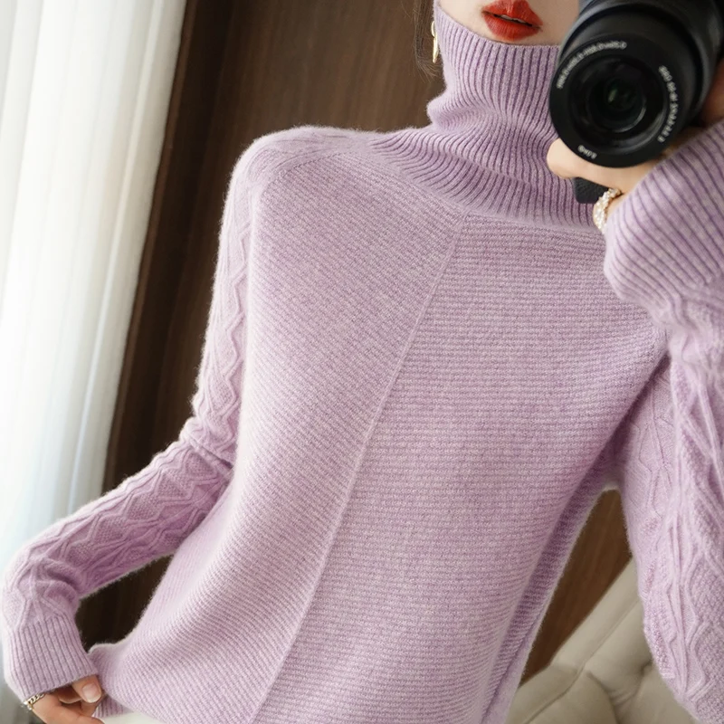 Rudens un ziemas tīra jaka sieviešu augsta kakla džemperis pāļu kakla kašmira pulovers bāzes biezs džemperis liela izmēra brīvs Attēls 5