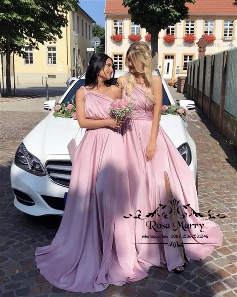 Sexy Pink Viena Pleca, Plus Lieluma Lēti Bridesmaids Kleitas 2020. Gadam Līnijas, Augstas Sadalīt Šifona Kāzu Viesu Tērpi Meitene Apbalvojumus Attēls 3