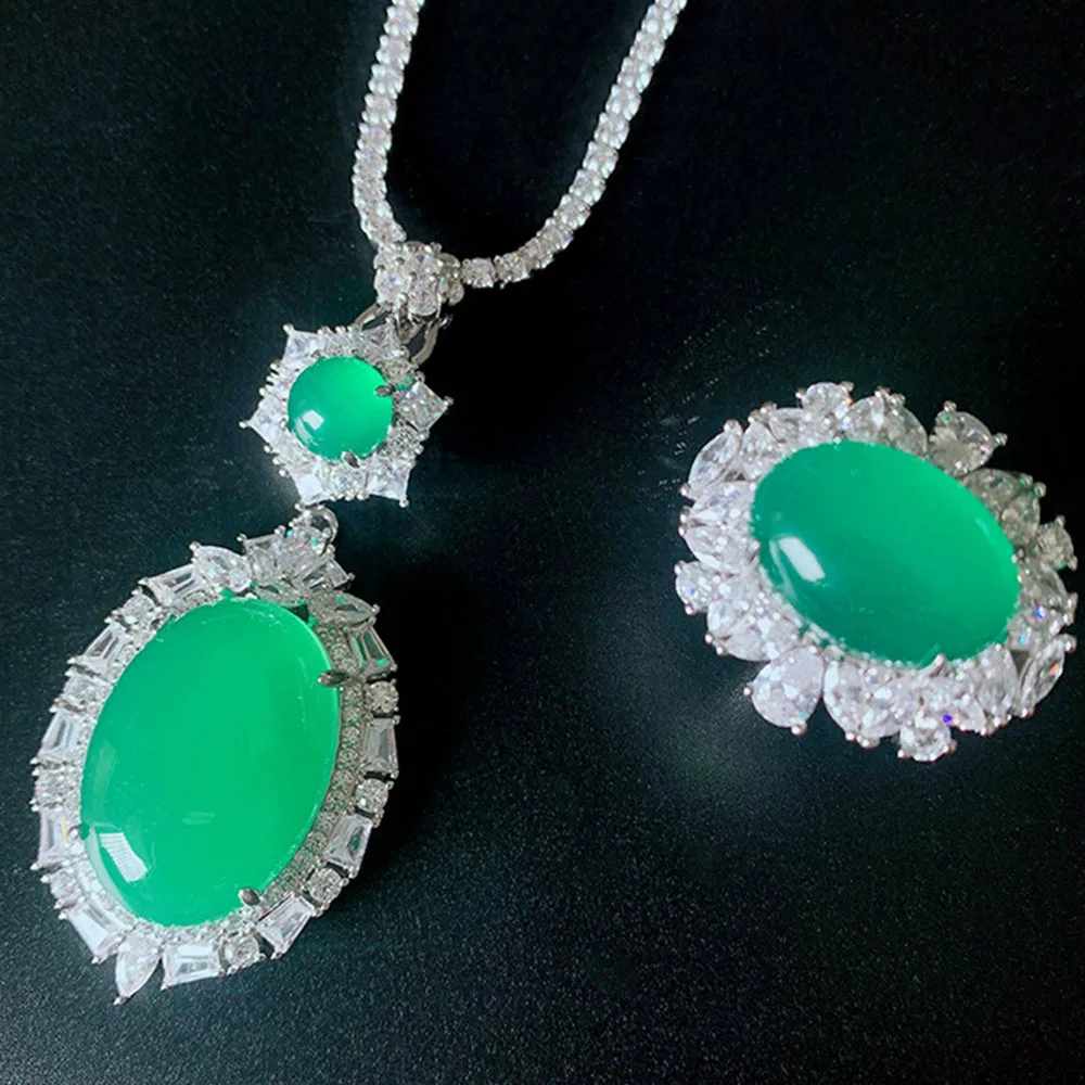Shipei Vintage 925 Sterling Sudraba Ovāls Emerald Izveidota Moissanite Jade Dārgakmens Gredzenu/Kulons/Kaklarota Noteikt Vairumtirdzniecības Rotaslietas Attēls 2