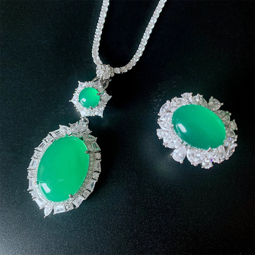 Shipei Vintage 925 Sterling Sudraba Ovāls Emerald Izveidota Moissanite Jade Dārgakmens Gredzenu/Kulons/Kaklarota Noteikt Vairumtirdzniecības Rotaslietas Attēls 4