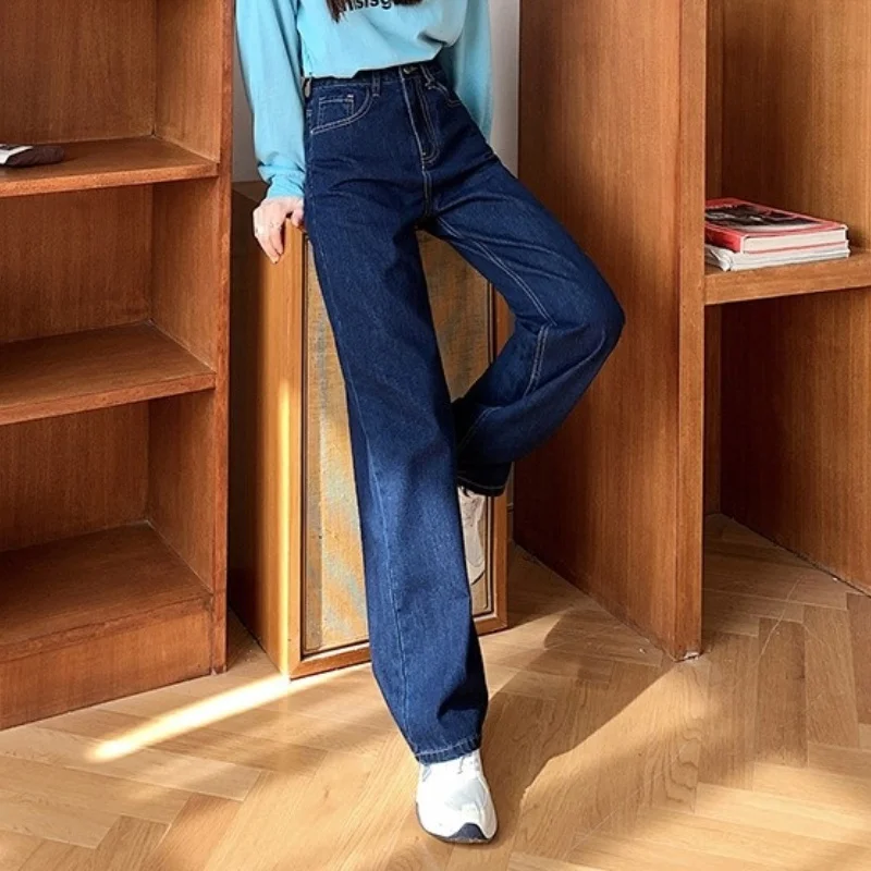 Sieviešu Augsto Vidukli, Taisniem Džinsiem Rudens Džinsa Plaša Kāju Bikses Sieviešu Vintage Streetwear Gadījuma Dāmas Garās Bikses Attēls 2