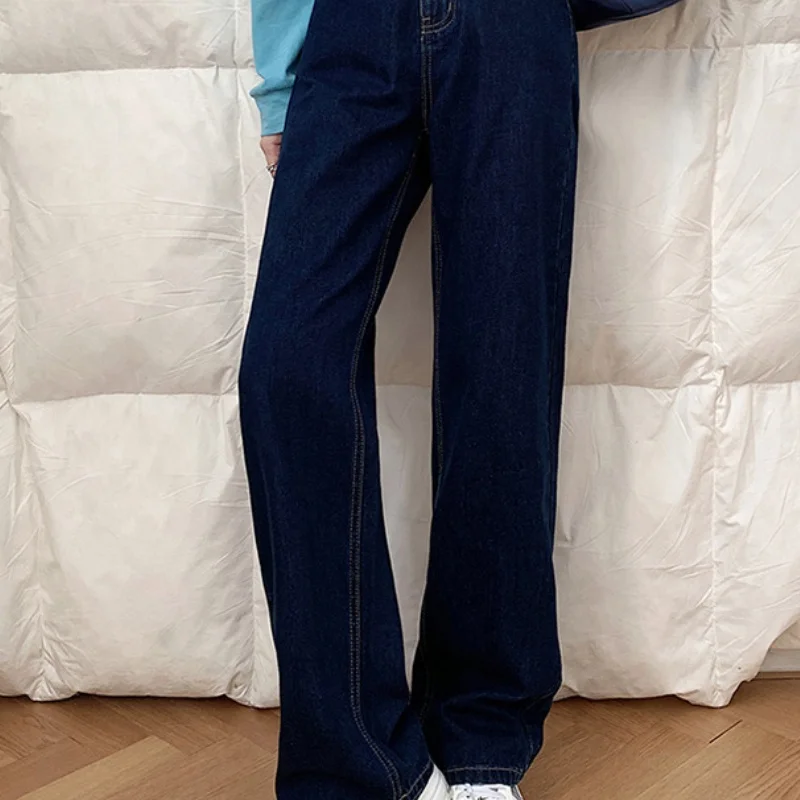 Sieviešu Augsto Vidukli, Taisniem Džinsiem Rudens Džinsa Plaša Kāju Bikses Sieviešu Vintage Streetwear Gadījuma Dāmas Garās Bikses Attēls 3