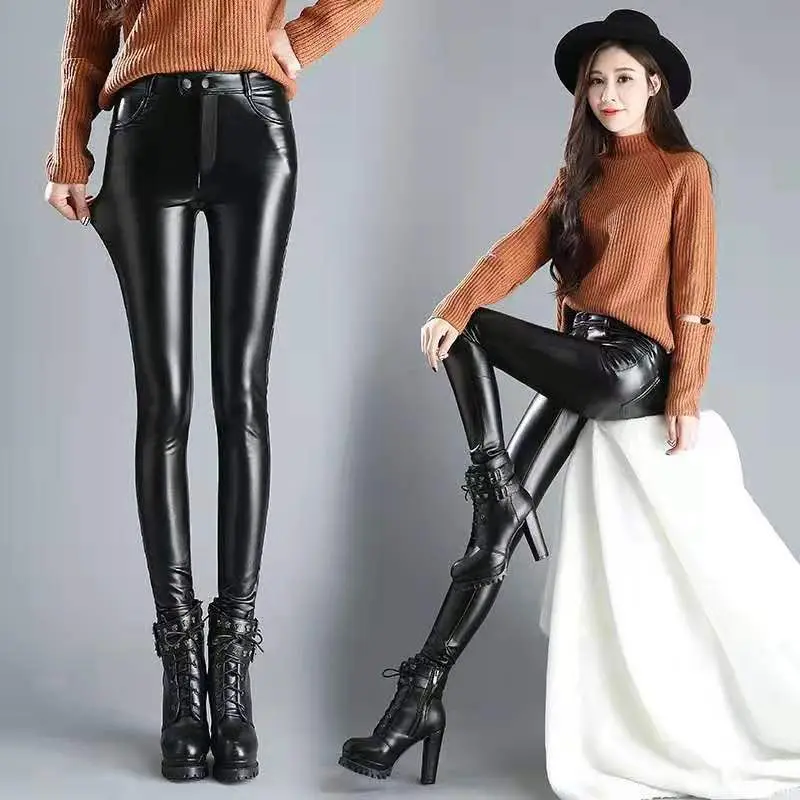 Sieviešu bikses ziemas tendence silts melns Ādas bikses plus samta sabiezējumu ar augstu jostas elsas korejas modes apģērbu Sieviete Attēls 5