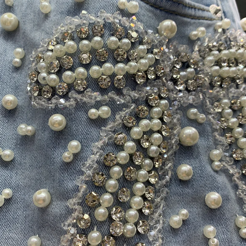 Sieviešu Džinsa Bikses Klasika Vintage Augsta Vidukļa Zila Plata Kāju Sieviešu Caual Vasaras Dāmas pērles Loku Bikses, Džinsi Attēls 5