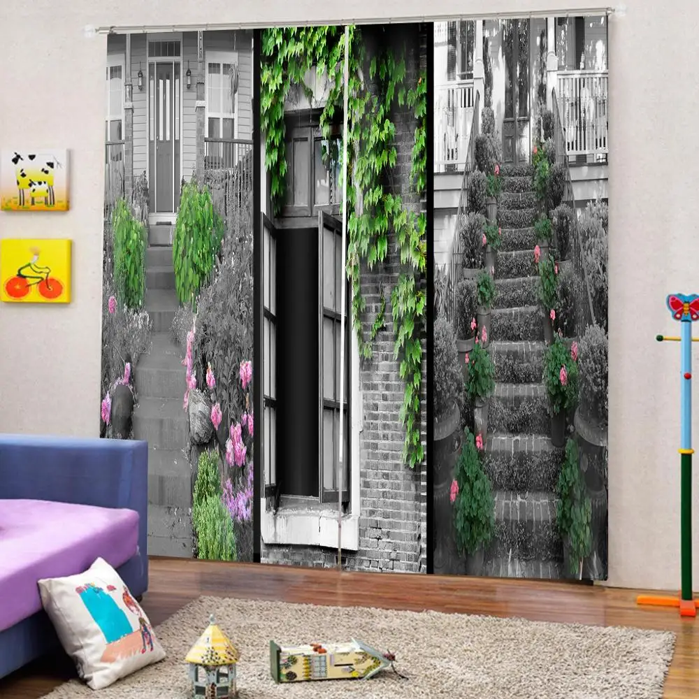 Skaisti Foto Modes Pielāgot 3D Aizkari Zaļo lapu māju eskalators uz pelēka fona Dekorēšana aizkari Attēls 2