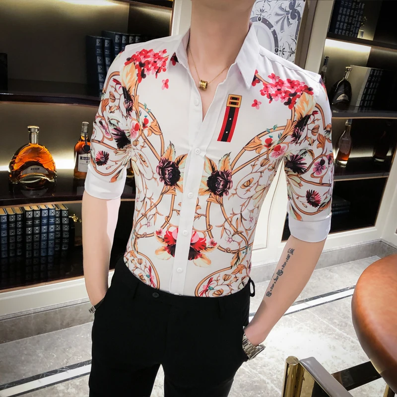 Stils Puse Britu Piedurknēm Streetwear Krekli Vīriešu Kleita Casual Slim Fit Naktsklubs Blusa Drēbes 2020. Gada Vasaras Zīmola Drukāt Krekls Vīriešiem Attēls 1
