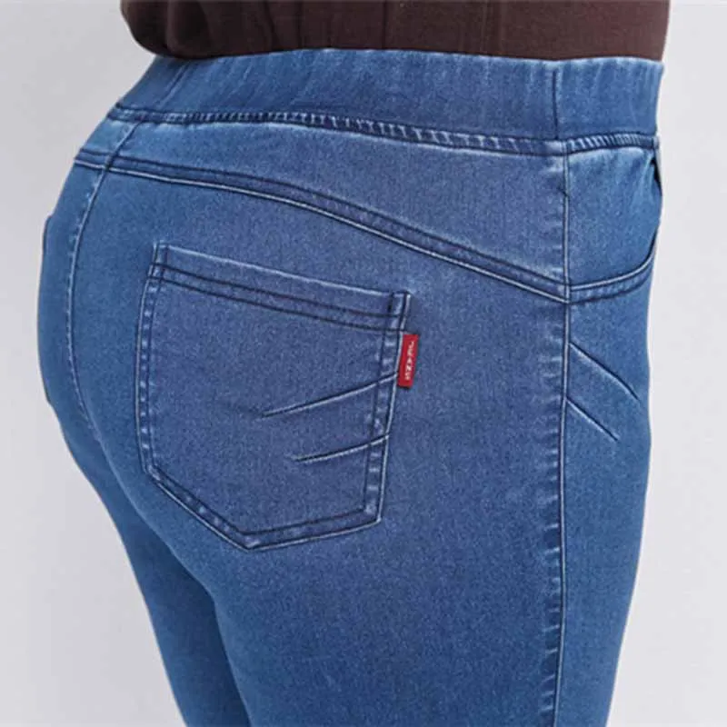 Super Liela izmēra Augsta vidukļa džinsus sieviešu vasaras Augsta elastība Teļš-Garuma džinsa bikses sieviešu Elastīgs viduklis gadījuma bikses G124 Attēls 4