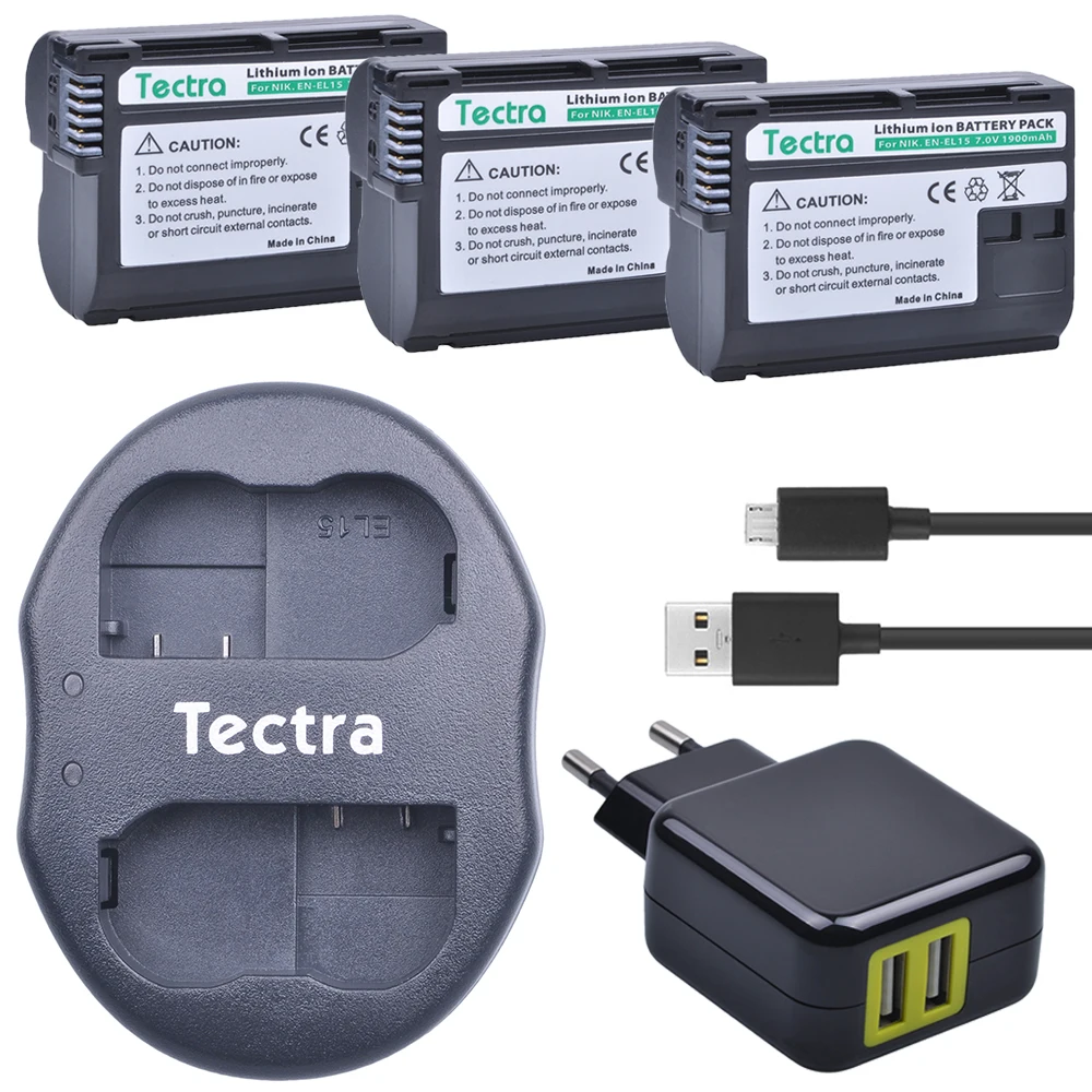 Tectra 3Pcs EN-EL15 ENEL15 Bateria + Dual USB Lādētājs+AC Adapter Nikon D600 D610 D600E D800 D800E D810 D7000 D7100 V1 MH-25 Attēls 3