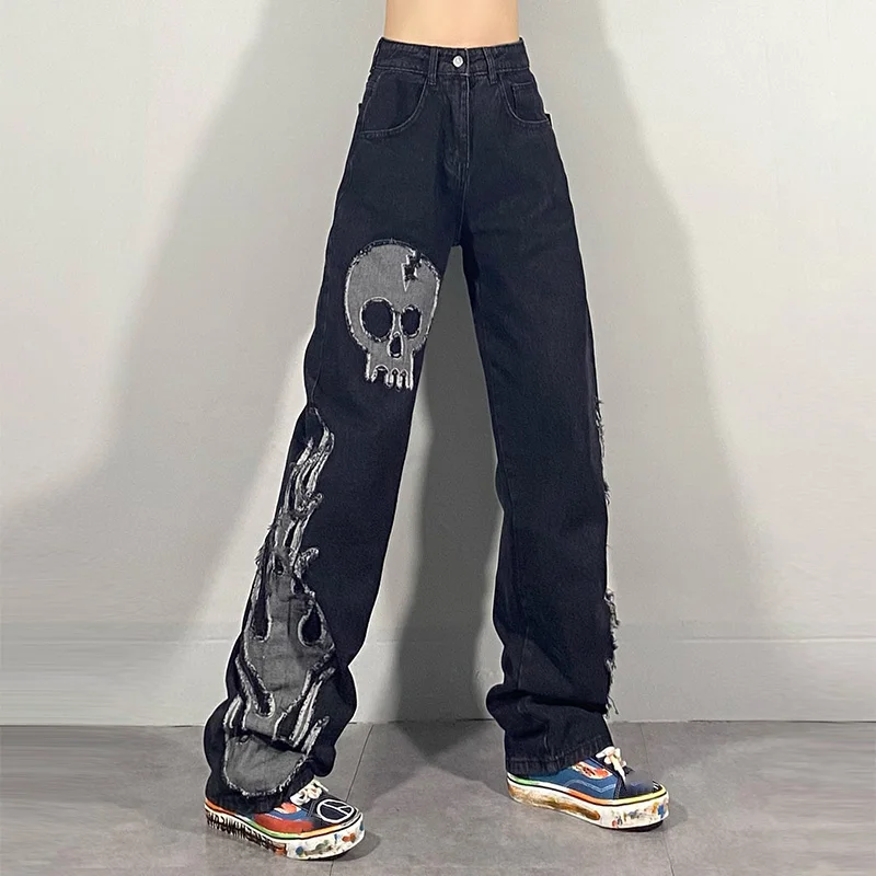 Tumši Streetwear Mazgāšanas Džinsi Sieviešu Pavasara 2022 Jaunu Augsto Vidukli, Moderns Taisna Caurule Plaša Kāju Skelets Džinsa Bikses Attēls 4