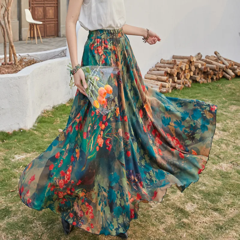 Vasarā Sievietēm Bohemia Stila Iespiesti Brīvdienas Maxi Ilgi Svārki, Elastīga Vidukļa 50S Vintage Aline Puse Pludmali Sieviešu Svārki Apģērbi Attēls 3