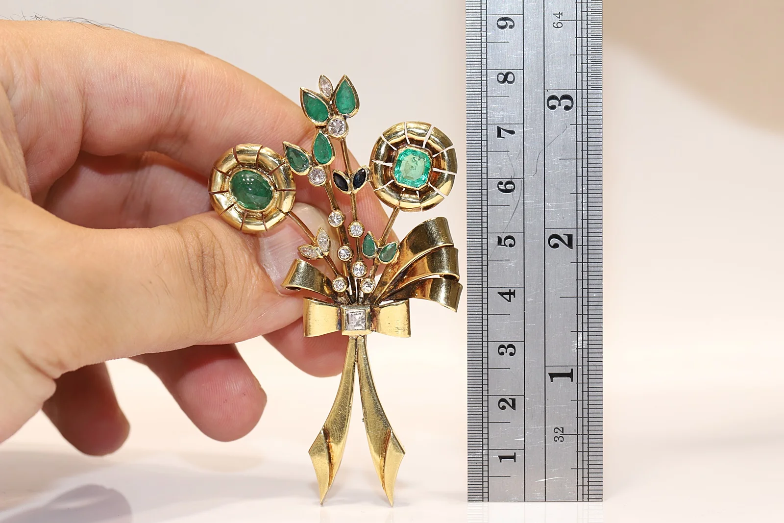 Veco Oriģinālo Vintage 18k Zelta Dabas Dimanta Un Smaragds Pārsteidzošs Ziedu Stils Spēcīgu Brooche Attēls 5