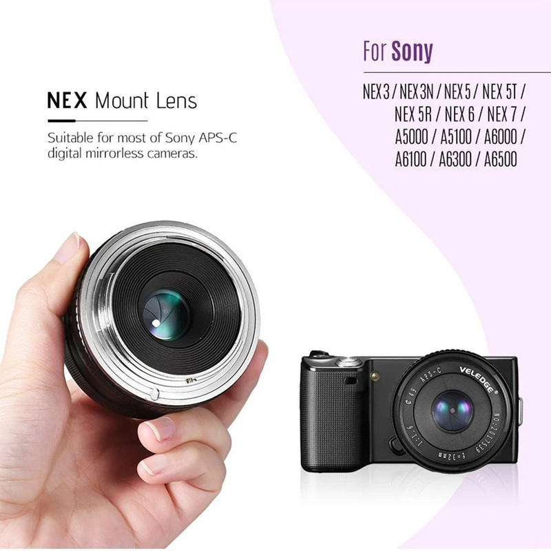 VELEDGE Kameras Objektīvs 32Mm F/1.6 Manuālais Fokuss Prime Objektīvu Asu Augstas Diafragmas atvērumu, Sony A6000 A6300 A6500 NEX 5 6 7 C Attēls 1