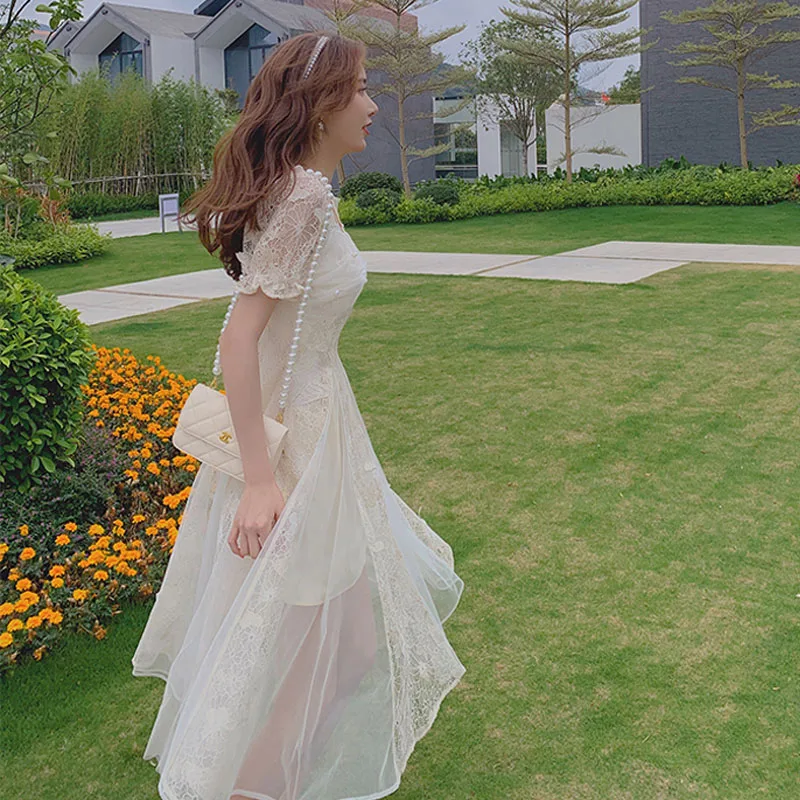 Vintage Midi Kleitu Sieviešu Puses Viens Gabals Kleita Korejas Sexy 2021. Gada Vasaras Elegants Mežģīņu Kleitas, Sieviešu Laukumā Apkakli, Īsām Piedurknēm Attēls 3