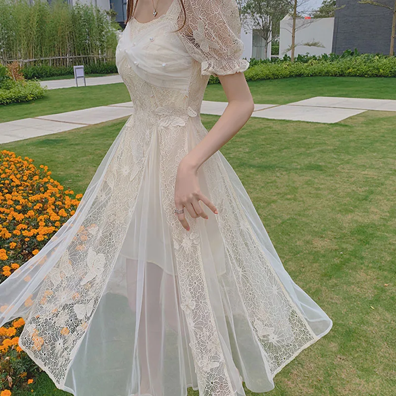 Vintage Midi Kleitu Sieviešu Puses Viens Gabals Kleita Korejas Sexy 2021. Gada Vasaras Elegants Mežģīņu Kleitas, Sieviešu Laukumā Apkakli, Īsām Piedurknēm Attēls 4