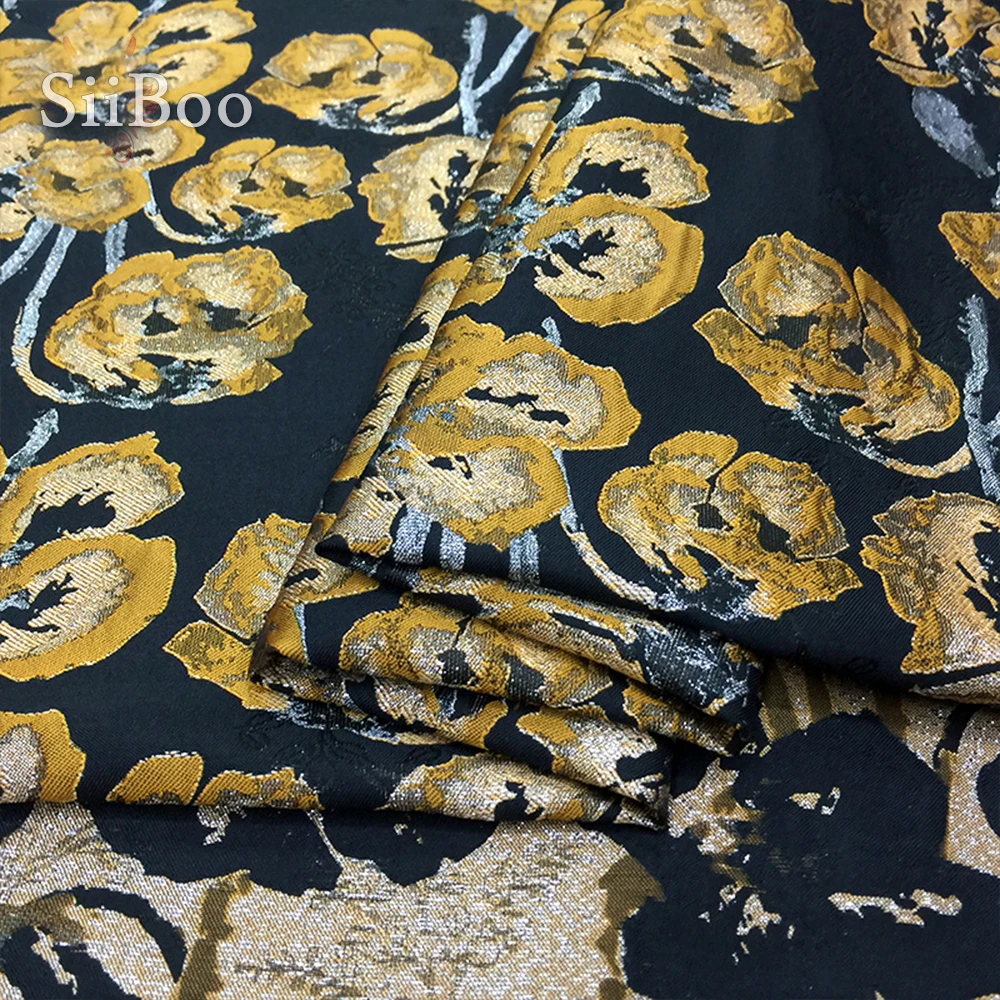 Vintage stils melnā krāsā ar zelta ziedu metāla žakarda brokāta auduma kleita tissu telas tecidos stoffen apģērbu SP4628 Attēls 2