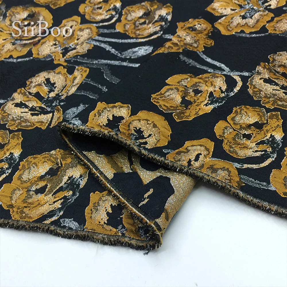 Vintage stils melnā krāsā ar zelta ziedu metāla žakarda brokāta auduma kleita tissu telas tecidos stoffen apģērbu SP4628 Attēls 4