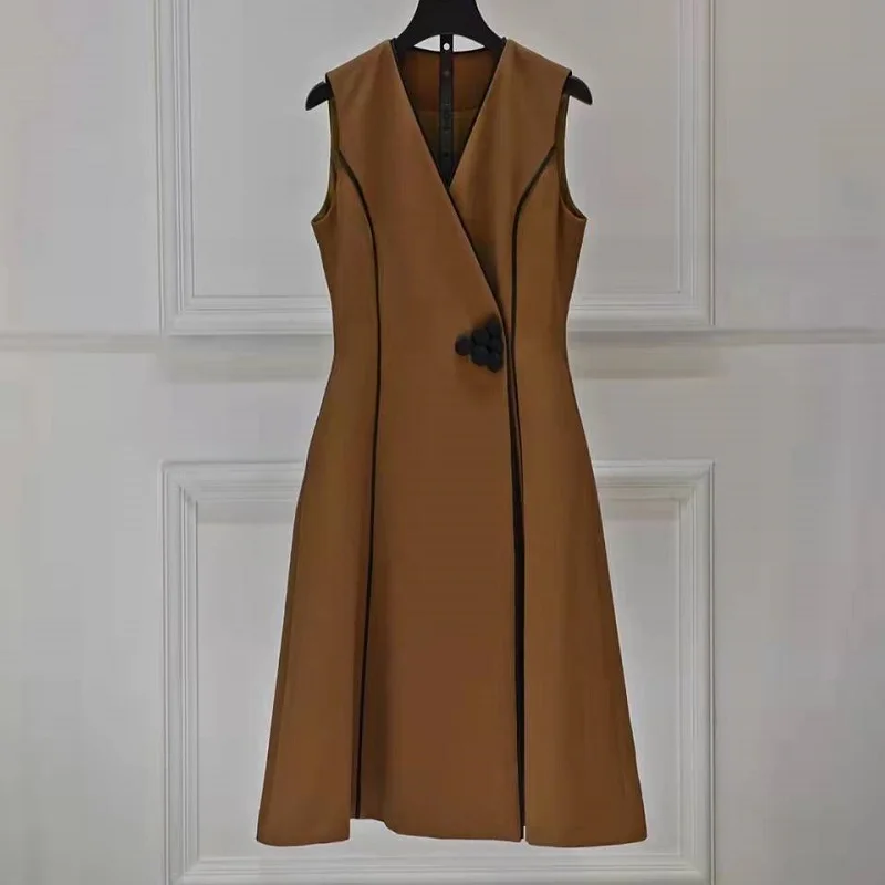 XXL Veste Kleita 2022. Gada Pavasara Modes Stils Sievietes, V-veida Kakla Vintage Pogu Deco Vidum Teļš Garums Haki Melna Gadījuma Kleita Tērpiem Dāma Attēls 3