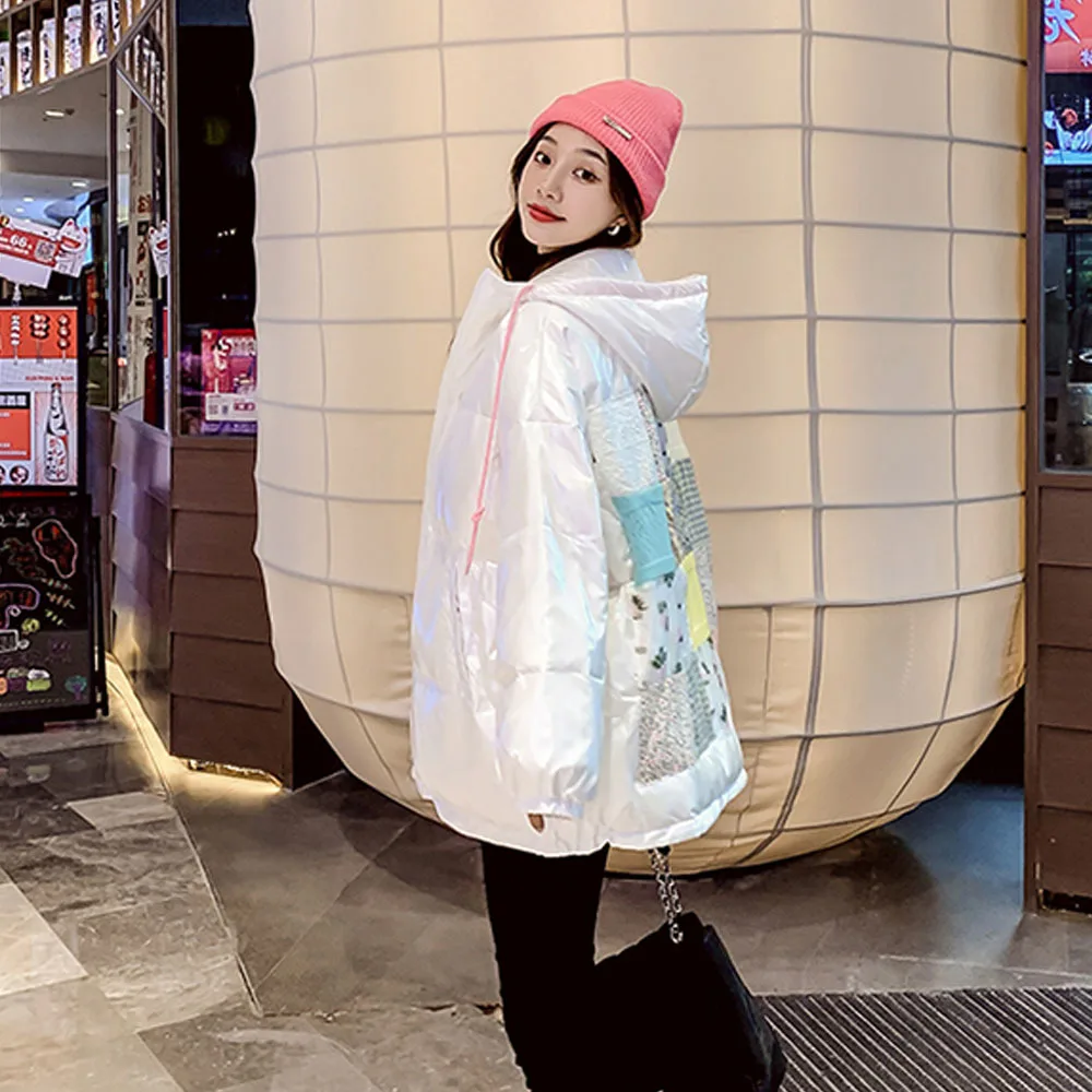 Ziemas mētelis sievietēm ir 2021. jaunu korejiešu versija pleds vienreizējās īstermiņa spīdīgu kapuci uz leju, polsterēts mētelis maize jaka Attēls 1
