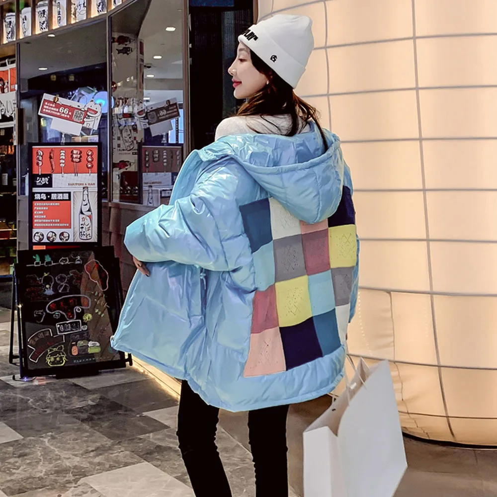 Ziemas mētelis sievietēm ir 2021. jaunu korejiešu versija pleds vienreizējās īstermiņa spīdīgu kapuci uz leju, polsterēts mētelis maize jaka Attēls 2