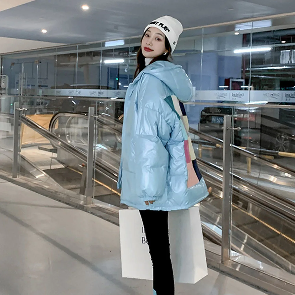 Ziemas mētelis sievietēm ir 2021. jaunu korejiešu versija pleds vienreizējās īstermiņa spīdīgu kapuci uz leju, polsterēts mētelis maize jaka Attēls 4