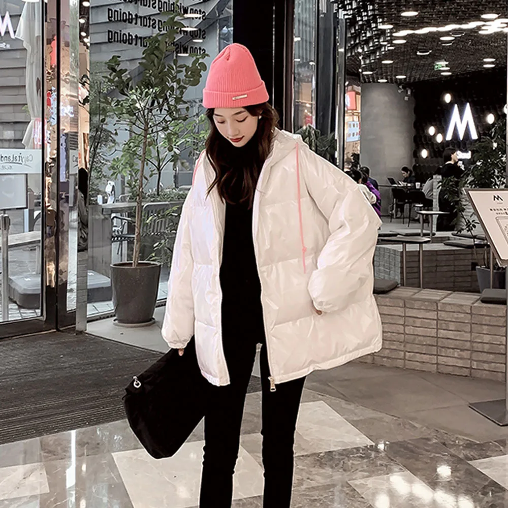 Ziemas mētelis sievietēm ir 2021. jaunu korejiešu versija pleds vienreizējās īstermiņa spīdīgu kapuci uz leju, polsterēts mētelis maize jaka Attēls 5