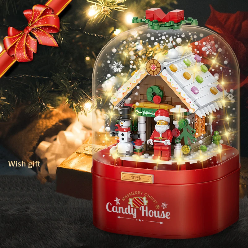 Ziemassvētku Konfektes Mājas Santa Claus, Sniegavīrs Celtniecības Bloki DIY Saliktas Rotaļlietas Peldošās Snow Light Music Box Bērniem Apdare Dāvanu Attēls 2