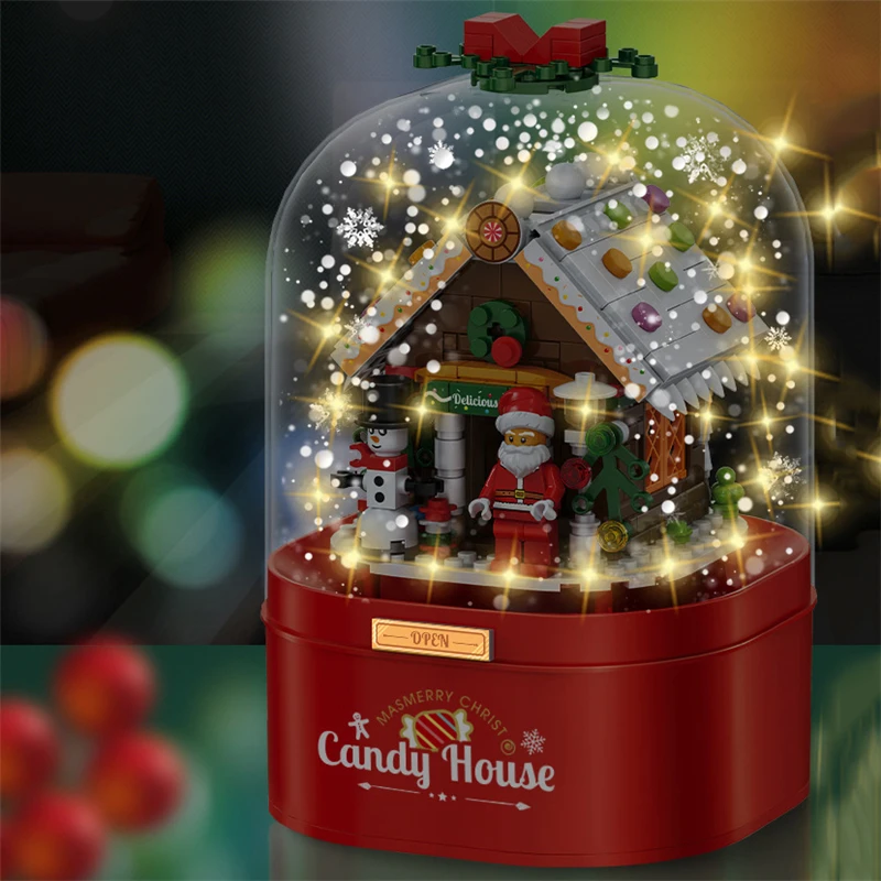 Ziemassvētku Konfektes Mājas Santa Claus, Sniegavīrs Celtniecības Bloki DIY Saliktas Rotaļlietas Peldošās Snow Light Music Box Bērniem Apdare Dāvanu Attēls 4